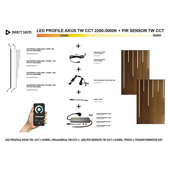 Direct Signs Lichtleiste CCT für Akustikpaneele - Länge: 101,5 cm, Lichtfarbe: Mehrfarbig, 12 W, 24 V - Produktbild von LED Profil Akus TW CCT 2200-5000K mit PIR Sensor, Kabel, Trafo und Transformator 24V.
