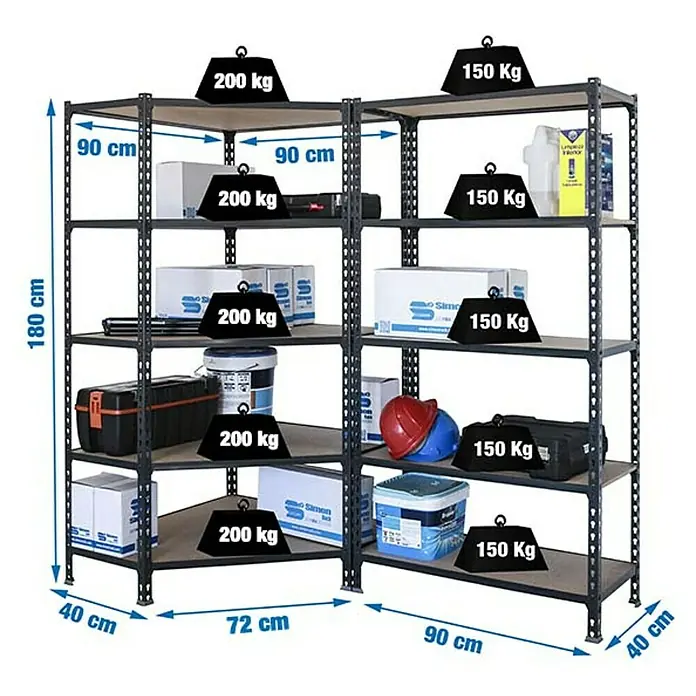 Simonrack Maderclick Eckregale-Set Maderclick Corner - H x B x T: 180 x 90 x 40 cm, Traglast pro Boden: 150 kg, Anzahl Böden: 10 Stk., Stecken, Anthrazitgrau - Bild eines Schwerlastregals mit Gewichtsangaben. Die Traglast beträgt 200 kg auf der linken Seite und 150 kg auf der rechten Seite.
