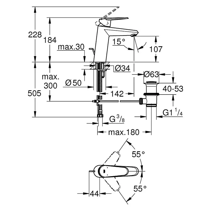 Grohe Eurodisc Cosmopolitan Waschtischarmatur M-Size - Chrom, Glänzend, Mit Zugstange - Eine detaillierte technische Zeichnung eines Wasserhahns mit allen Maßen und Anschlüssen für die Installation.