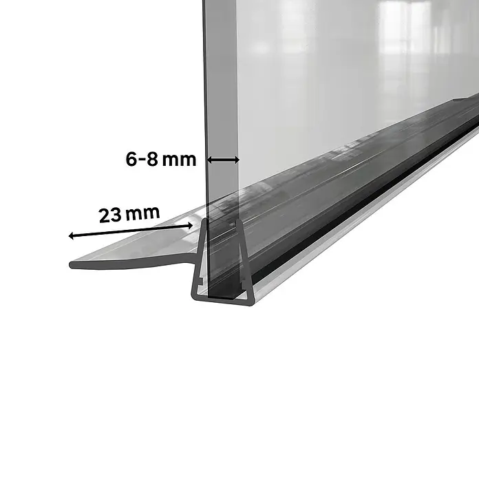 Perfil de sellado vierteaguas 6-8 - L x An x Al: 100 x 3 x 3 cm - Imagen de un sello de ducha para vidrio con dimensiones de 6-8 mm y 23 mm. El sello está hecho de plástico transparente y es fácil de instalar.
