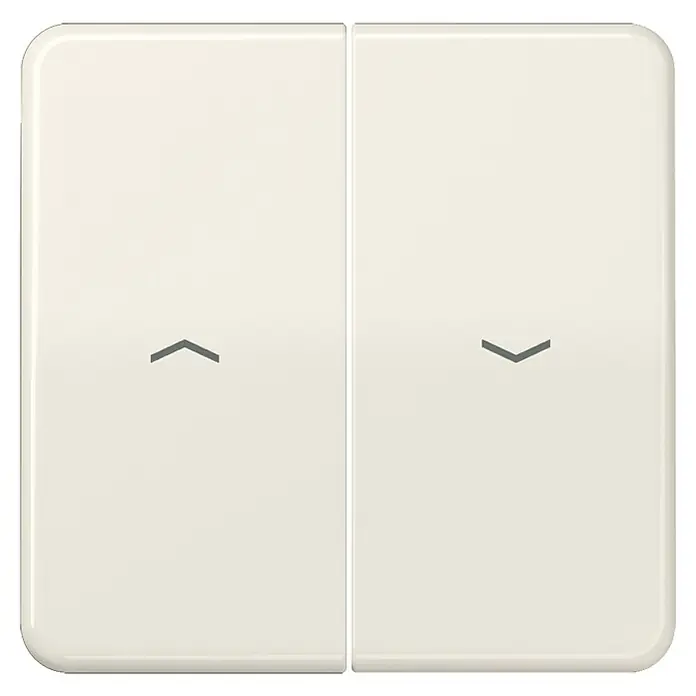Jung CD 500 Jalousiewippe CD595P - Weiß, Kunststoff, IP20 - Nahaufnahme eines cremefarbenen Doppel-Lichtschalters mit Pfeilsymbolen zur Steuerung, modernes Design für stilvolle Beleuchtung.