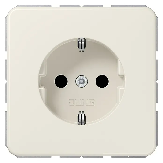 Jung CD 500 Steckdose CD1520 - Elektroweiß, 1-fach, Kunststoff, IP20 - Nahaufnahme einer JUNG Schuko-Steckdose in Weiß, die die klaren Linien und die hochwertige Verarbeitung des Produkts hervorhebt.