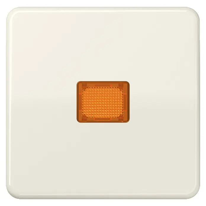 Jung CD 500 Kontrollschalterwippe CD590KO - Elektroweiß, Kunststoff, IP20 - Nahaufnahme einer weißen Lichtschalterplatte mit quadratischem, orangefarbenem Kontrolllicht in der Mitte.