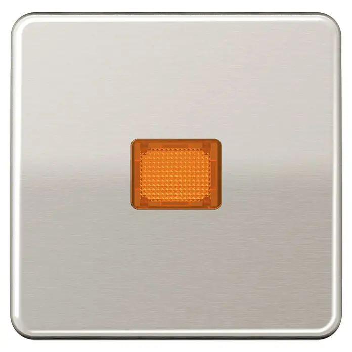 Jung CD 500 Kontrollschalterwippe CD590KOPT - Platin, Aluminium, IP20 - Gebürstete Metallplatte mit einer orangefarbenen quadratischen Kontrollleuchte in der Mitte.
