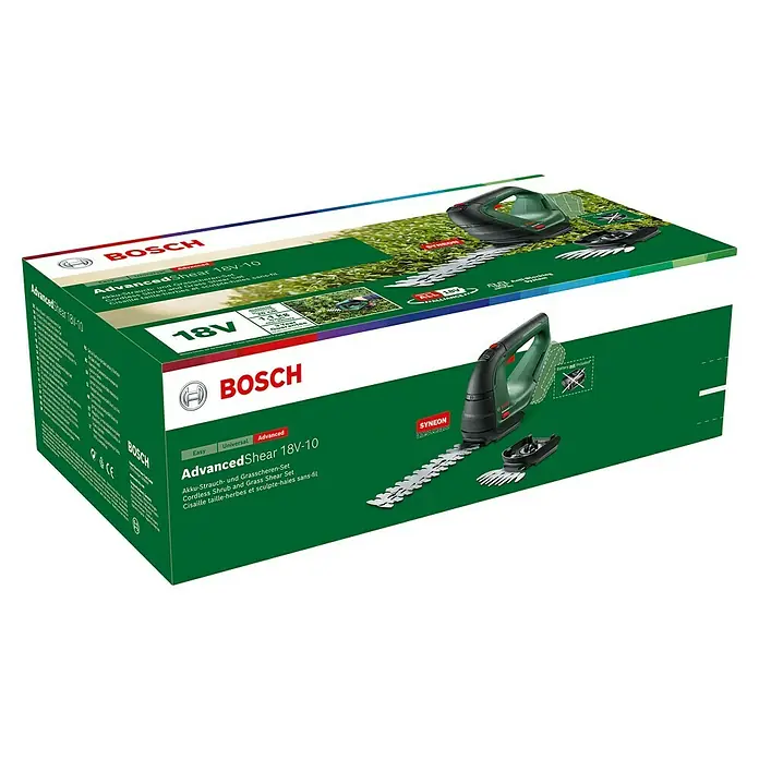 Bosch Power for All 18V Akku-Gras- & Strauchschere AdvancedShear 18V-10 - 18 V, Li-Ionen, Ohne Akku, Schwertbreite: 10 cm - Kartonverpackung für das Bosch AdvancedShear 18V-10 Akku-Strauch- und Grasscheren-Set, ideal für präzise Gartenarbeit.