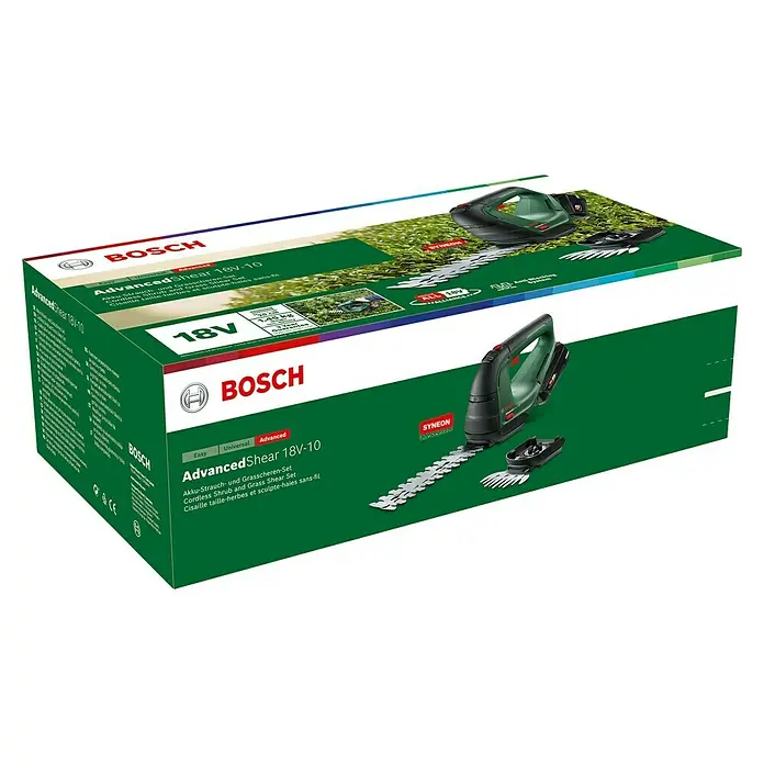 Bosch Power for All 18V Akku-Gras- & Strauchschere AdvancedShear 18V-10 - 18 V, Li-Ionen, 1 Akku, Schwertbreite: 10 cm - Verpackung der Bosch AdvancedShear 18V-10 Akku-Strauch- und Grasschere, ideal zum mühelosen Trimmen von Büschen und Grasflächen.