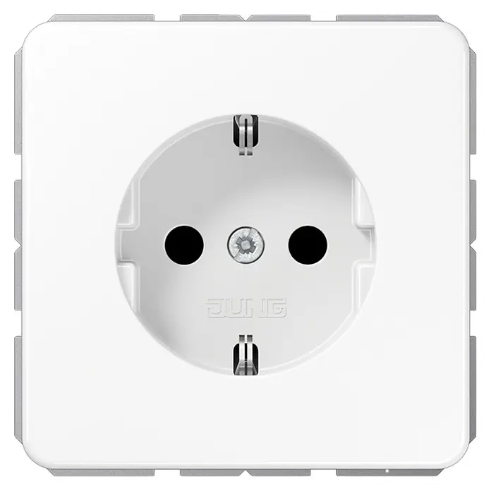 Jung CD 500 Steckdose CD1520WW - Alpinweiß, 1-fach, Kunststoff, IP20 - Nahaufnahme einer JUNG Schuko Steckdose in Weiß, ein Qualitätsprodukt für sichere Stromversorgung im Haushalt.