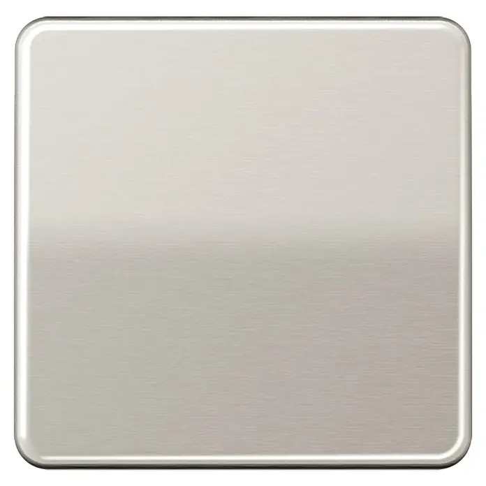 Jung CD 500 Universalwippe CD590PT - Platin, Aluminium, IP20 - Nahaufnahme einer quadratischen Edelstahlplatte mit abgerundeten Ecken und gebürsteter Textur.