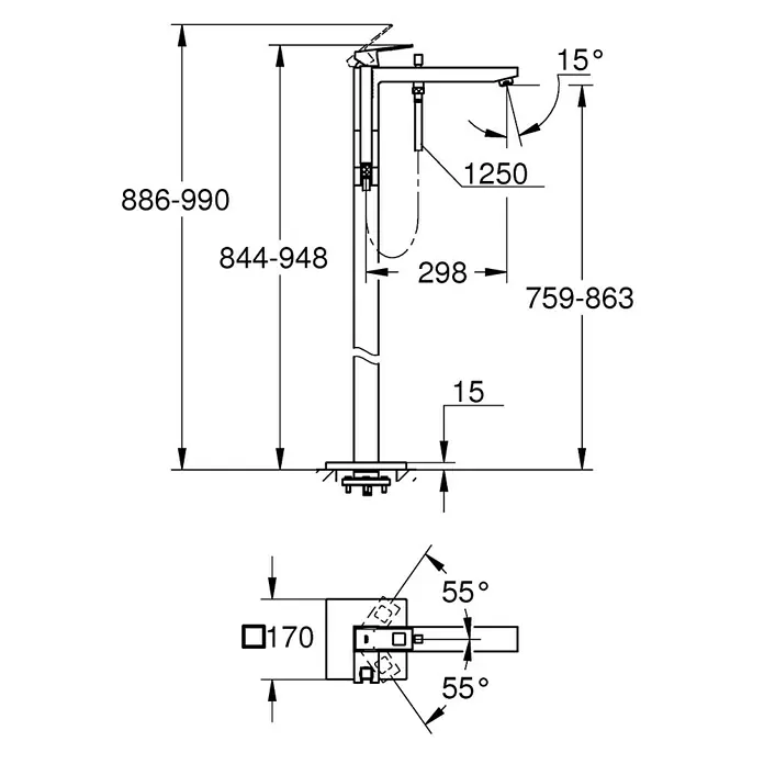Grohe Eurocube Badewannenstandarmatur - Höhe: 94,8 cm, Chrom, Glänzend - Abbildung des Produkts mit Maßangaben. Die Armatur ist mit allen Maßen für die Installation abgebildet.