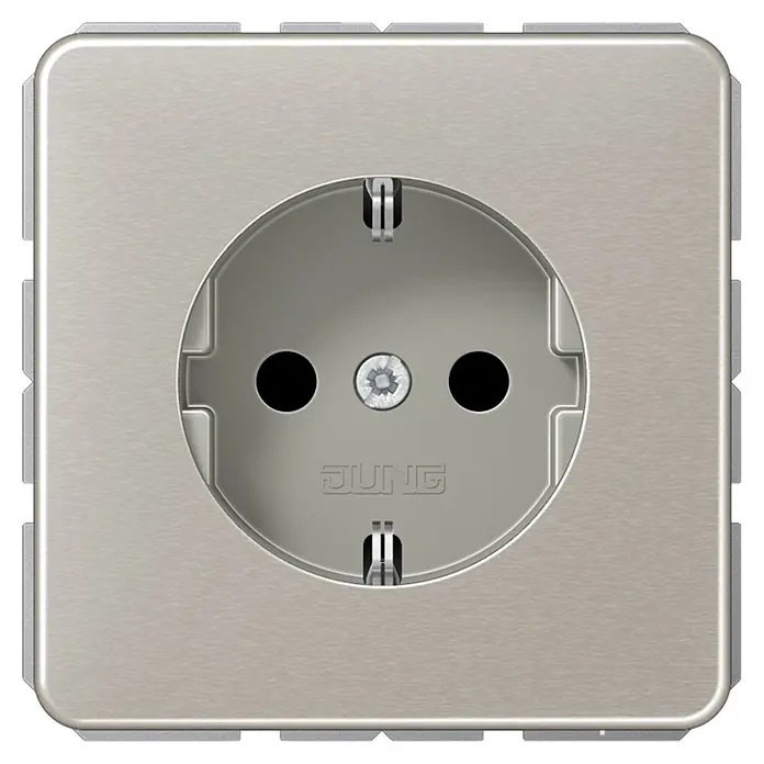 Jung CD 500 Steckdose CD1520PT - Platin, 1-fach, Aluminium, IP20 - Steckdose von JUNG in gebürstetem Metall-Design. Die Steckdose verfügt über zwei Löcher und einen mittigen Schraubverschluss.