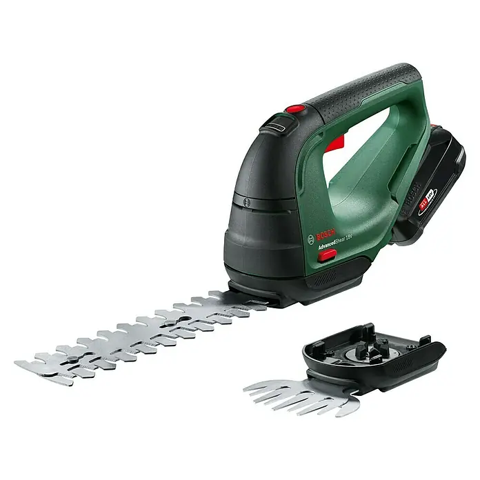 Bosch Power for All 18V Akku-Gras- & Strauchschere AdvancedShear 18V-10 - 18 V, Li-Ionen, 1 Akku, Schwertbreite: 10 cm - Das Bild zeigt eine Bosch AdvancedShear 18V Akku-Gras- und Strauchschere mit zwei verschiedenen Klingenaufsätzen vor einem schwarzen Hintergrund.