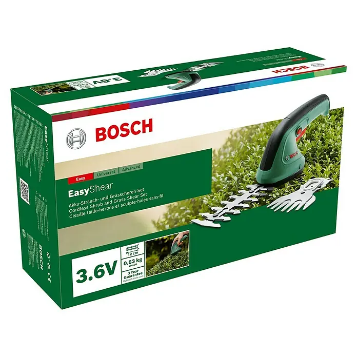 Bosch Akku-Gras- & Strauchschere EasyShear Akku-Gras- & Strauchschere - 3,6 V, Li-Ionen, 1 Akku, Schwertbreite: 8 cm - Bild einer Verpackung für eine Bosch EasyShear Akku-Strauch- und Grasschere, die das Produkt selbst zeigt.