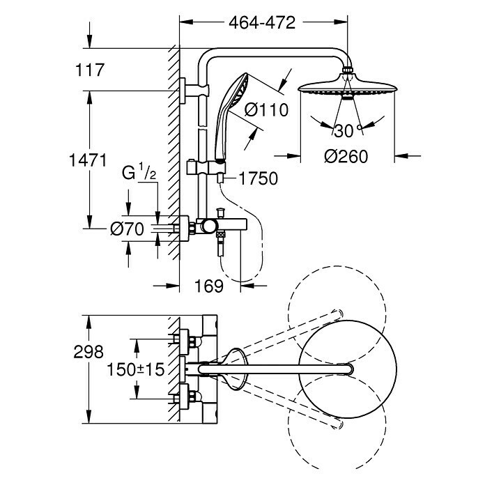 Grohe Duschsystem Euphoria 260Mit Thermostatarmatur, Lochabstand: 147,1 cm, Anzahl Strahlarten: 3 Stk., Chrom Unknown