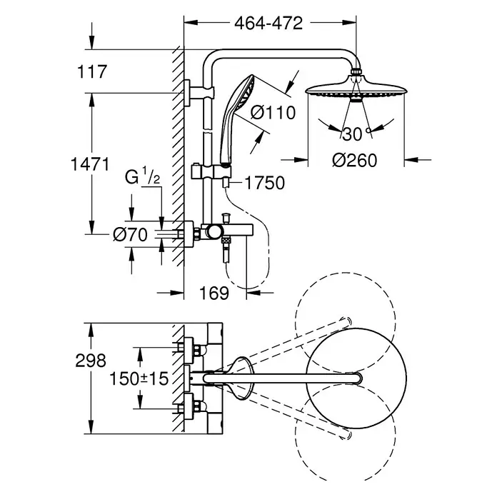 Grohe Euphoria 260 Duschsystem - Mit Thermostatarmatur, Lochabstand: 147,1 cm, Anzahl Strahlarten: 3 Stk., Chrom - Technische Zeichnung einer Duschgarnitur mit Maßen für die Installation.