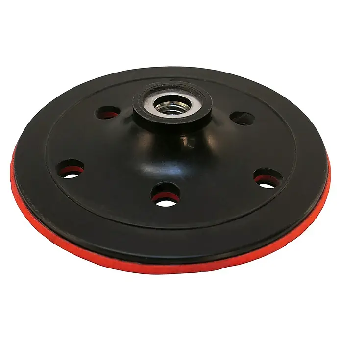 Fartools Plato de lijado - Diámetro: 125 mm, Forma: Redonda - Detalle de un disco de lijado para pulidora, destacando por su color negro y borde rojo. Cuenta con una conexión roscada central.
