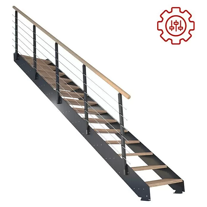 Starwood Treppenplaner - Metall, Konfigurierbar - Moderne gerade Treppe mit schwarzem Metallrahmen, Holzstufen, Holzhandlauf und Kabelgeländer.