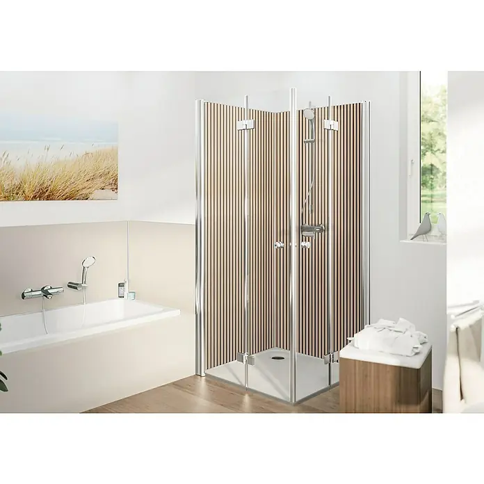 SanDesign Alu-Verbundplatte - 100 x 250 cm, Scandi Light - Bild einer Duschkabine mit Holzpaneelen und Chromrahmen in einem modernen Badezimmer.
