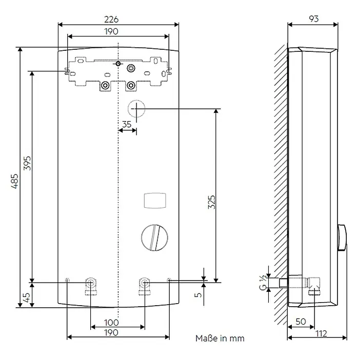 AEG Durchlauferhitzer DDLE LCD18E - 18 kW, Elektronisch - Technische Zeichnung eines Warmwasserbereiters mit Maßangaben.