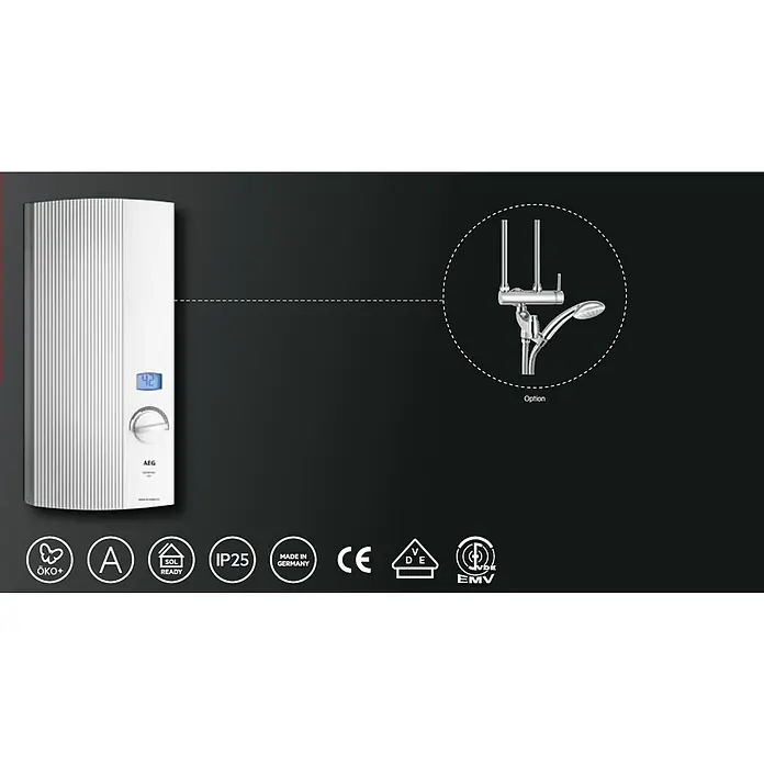 AEG Durchlauferhitzer DDLE LCD18E - 18 kW, Elektronisch - Abbildung eines AEG Durchlauferhitzers mit optionaler Duscharmatur. Kompaktes Design für effiziente Warmwasserbereitung.