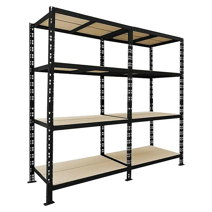 Schwerlastregal - H x B x T: 180 x 200 x 60 cm, Traglast pro Boden: 200 kg, Anzahl Böden: 4 Stk., Stecken, Schwarz - Bild eines schwarzen Metallregals mit vier Regalböden aus Holzwerkstoff. Das Regal steht vor einem schwarzen Hintergrund.