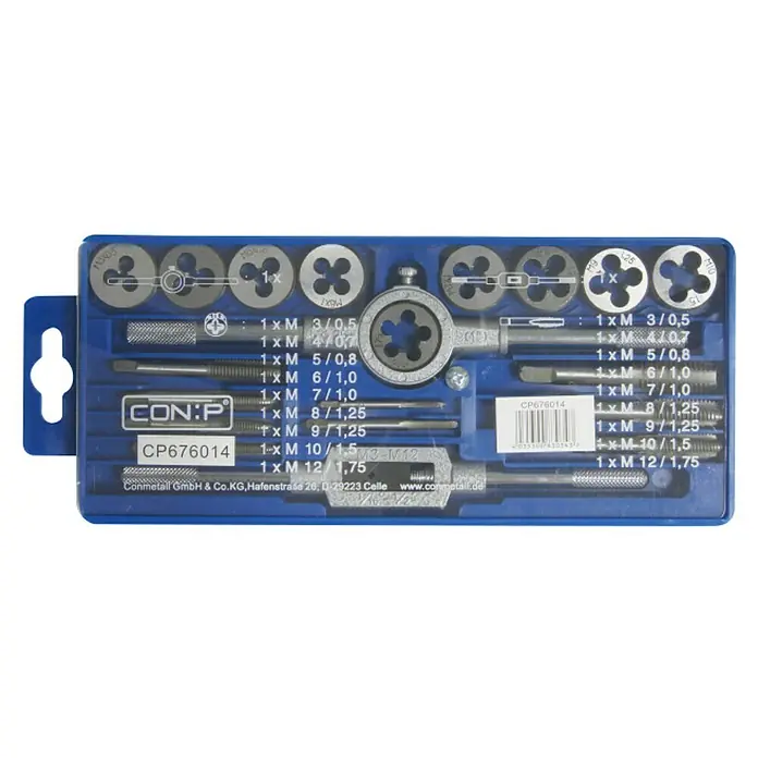 Connex Juego de terrajas y machos de roscar CP676014 - 20 pzs. - Un juego de machos y terrajas CON:P azul con varias herramientas y tamaños para tareas de roscado precisas.