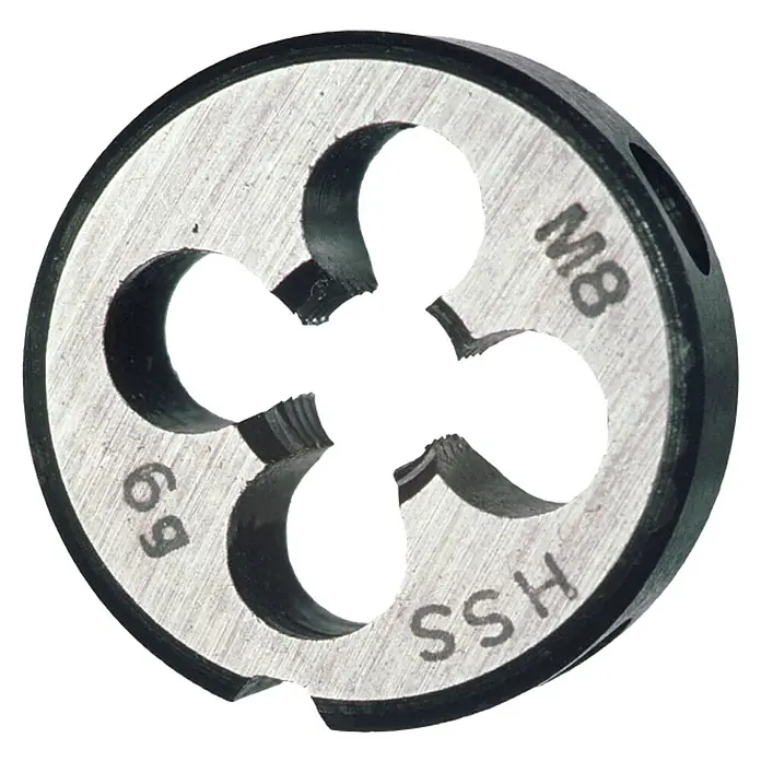 Connex Terraja de roscar - M 8, Acero HS - La imagen muestra una terraja de roscar M8 de acero HSS, utilizada para cortar roscas externas. La herramienta es circular y tiene cuatro aristas de corte.