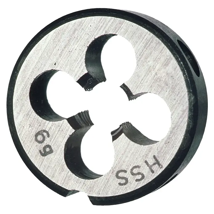 Connex Terraja de roscar - M 6, Acero HS - Imagen de una terraja redonda de acero con cuatro aristas de corte y las inscripciones "6g" y "SSH".