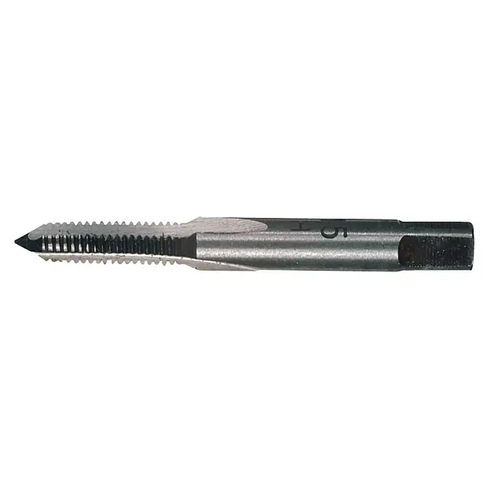 Connex Macho de roscar - M 8 - Primer plano de un macho de roscar, una herramienta para cortar roscas internas, con bordes de corte precisos y una marca de tamaño visible.
