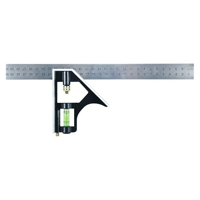 Connex Escuadra combinada - Largo: 300 mm, Nivel de burbuja en asa - La imagen muestra una escuadra de combinación con una escala métrica, utilizada para la medición precisa y el marcado de ángulos rectos.