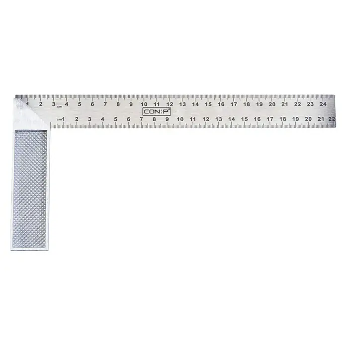 Connex Escuadra de comprobación - Largo: 250 mm, Metal - Primer plano de una escuadra CON:P con escala métrica para mediciones y alineaciones precisas en taller y artesanía.