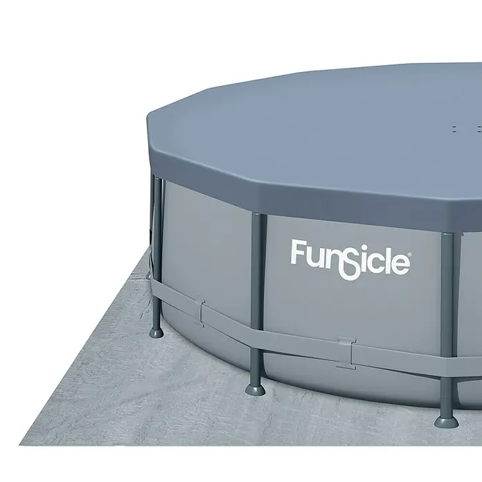 Funsicle Frame-Pool Oasis - Ø x H: 427 x 107 cm, Grau, 13.294 l - Nahaufnahme eines grauen FunSicle-Pools mit Abdeckung und grauer Unterlage. Der Pool hat eine achteckige Form.