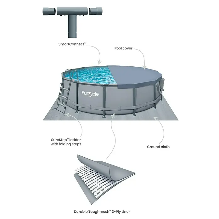 Funsicle Frame-Pool Oasis - Ø x H: 427 x 107 cm, Grau, 13.294 l - Produktabbildung eines runden Aufstellpools mit Zubehör wie Abdeckung, Leiter, Bodentuch und SmartConnect-System.