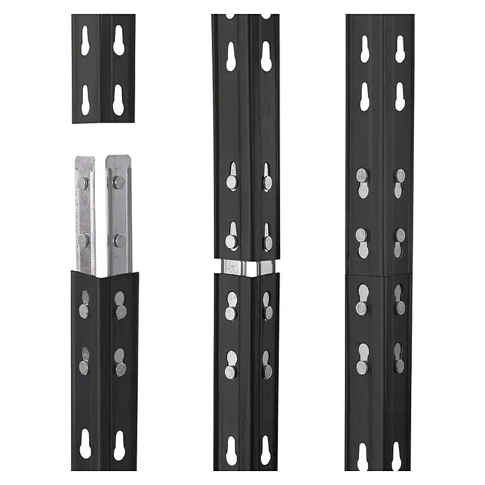 AR Shelving Schwerlastregal Rivet Z - H x B x T: 180 x 100 x 50 cm, Traglast pro Boden: 300 kg, Anzahl Böden: 4 Stk., Stecken, Schwarz - Detailaufnahme der modularen Regalsystemkomponenten, die einfache Montage und Stabilität ermöglichen.