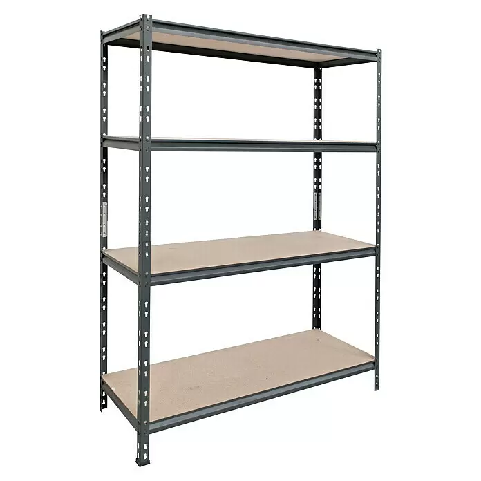 AR Shelving Schwerlastregal Rivet Z - H x B x T: 180 x 120 x 50 cm, Traglast pro Boden: 300 kg, Anzahl Böden: 4 Stk., Stecken, Schwarz - Graues Metallregal mit vier hellen Holzablagen.