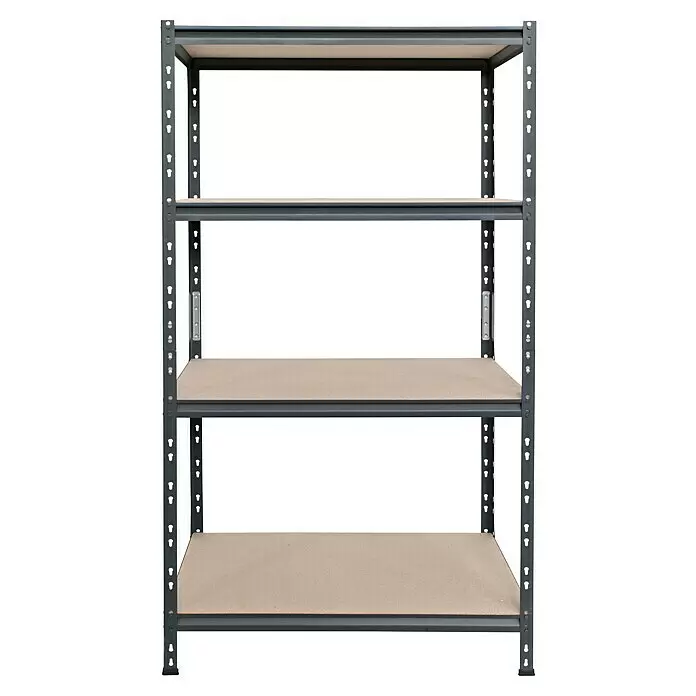 AR Shelving Schwerlastregal Rivet Z - H x B x T: 180 x 100 x 50 cm, Traglast pro Boden: 300 kg, Anzahl Böden: 4 Stk., Stecken, Schwarz - Graues Metallregal mit vier hellbraunen Holzablagen für vielseitige Aufbewahrung.