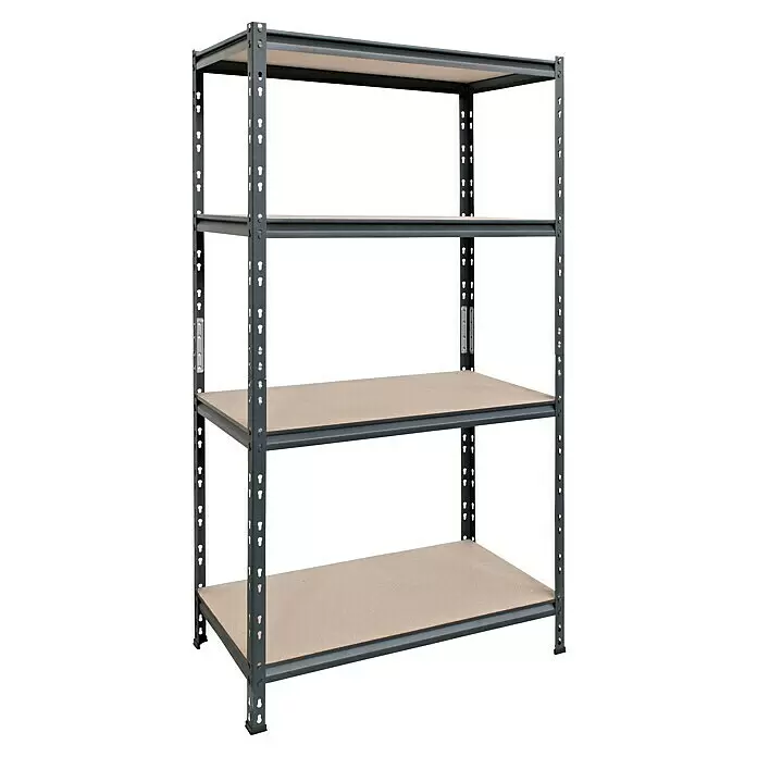 AR Shelving Schwerlastregal Rivet Z - H x B x T: 180 x 100 x 50 cm, Traglast pro Boden: 300 kg, Anzahl Böden: 4 Stk., Stecken, Schwarz - Dunkelgraues Metallregal mit vier verstellbaren, hellbraunen MDF-Ablagen zur Lagerung.