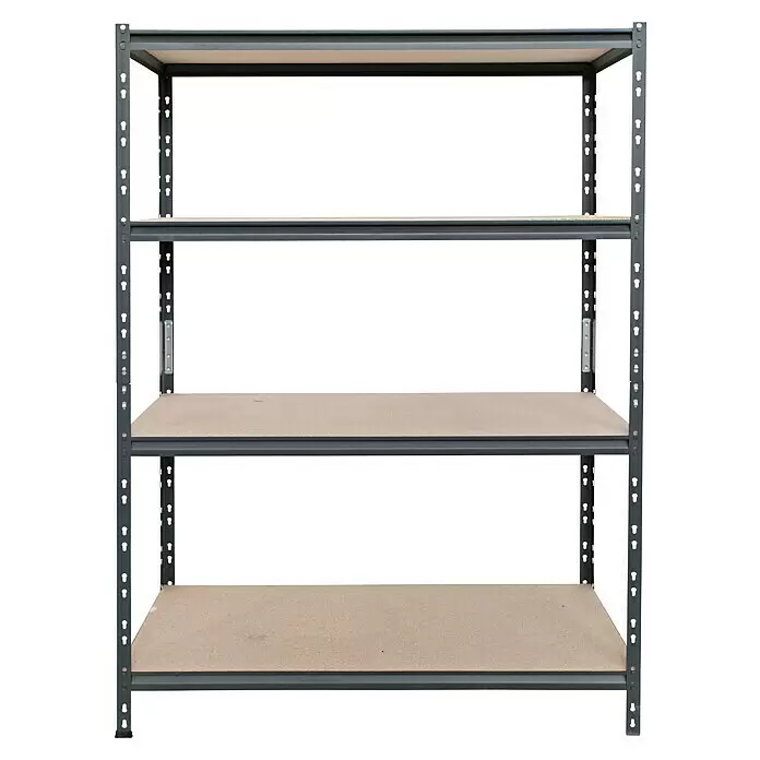 AR Shelving Schwerlastregal Rivet Z - H x B x T: 180 x 120 x 50 cm, Traglast pro Boden: 300 kg, Anzahl Böden: 4 Stk., Stecken, Schwarz - Graues Metallregal mit vier Ebenen beiger Holzablagen zur Lagerung.
