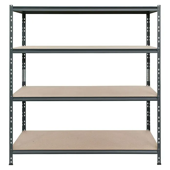 AR Shelving Schwerlastregal Rivet Z - H x B x T: 180 x 150 x 50 cm, Traglast pro Boden: 300 kg, Anzahl Böden: 4 Stk., Stecken, Schwarz - Ein Metallregal mit drei Regalböden, ideal für Lagerung und Organisation. Stabil und einfach zu montieren.
