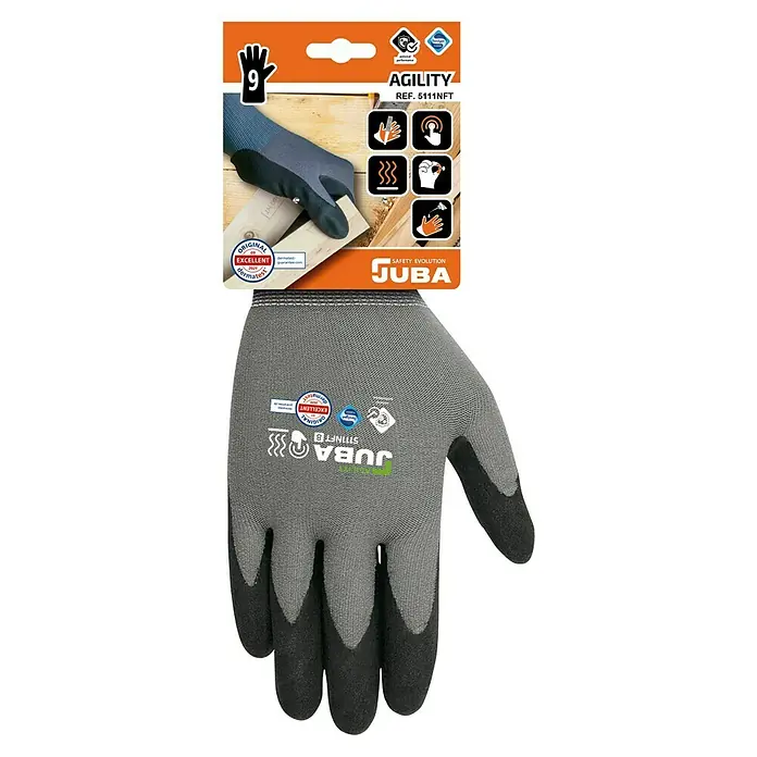 Juba Guantes de trabajo H5111 - Talla del guante: 9, Gris/Negro, 2 ud. - Guante de trabajo gris Juba Agility 5111NFT con revestimiento negro, ideal para trabajos de precisión y gran comodidad.