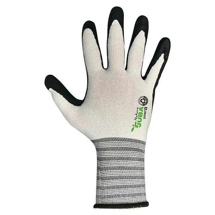 Juba Guantes de trabajo H5113 - Talla del guante: 8, Blanco/Negro, 2 ud. - La imagen muestra un guante de trabajo blanco Juba Nature con puntas de los dedos negras y un puño gris sobre un fondo negro.