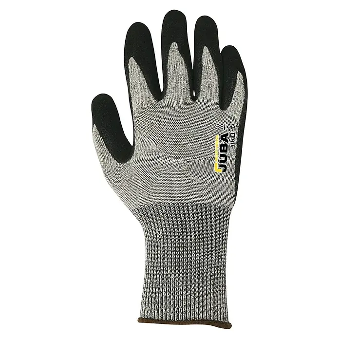 Juba Guantes de trabajo H4117 - Talla del guante: 8, Gris/Negro, 2 ud. - Primer plano de un guante de trabajo gris Juba Agility Brush con puntas de los dedos y palma negras, diseñado para protección y flexibilidad.