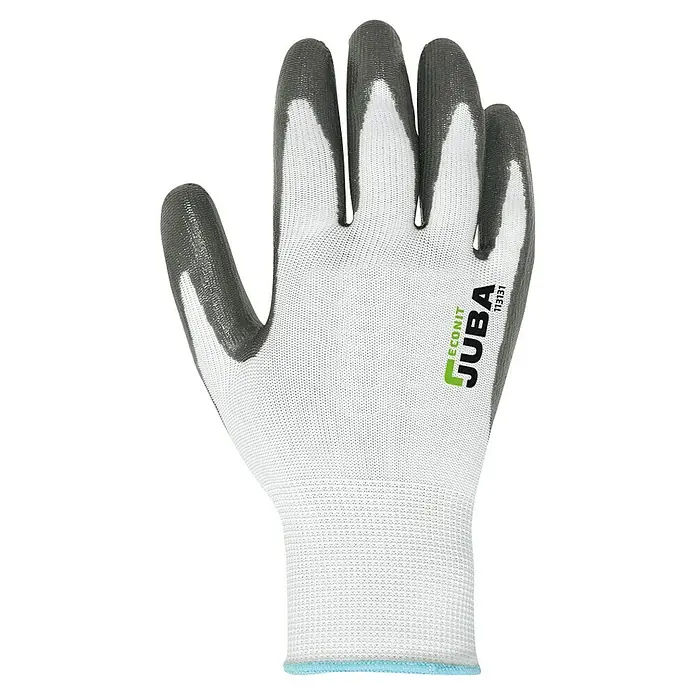 Juba Guantes de trabajo H113131 - Talla del guante: 8, Blanco/Negro, 2 ud. - Un guante de trabajo blanco Juba ECONIT con puntas de los dedos grises para un agarre seguro y protección durante las tareas.