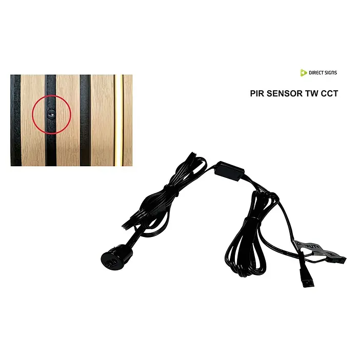 Direct Signs Sensor PIR CCT - Netzbetrieben, Schwarz, 2 x 1,2 x 2 cm - Das Produktbild zeigt einen PIR-Sensor TW CCT mit Verkabelung, zur Montage an einer Wand.