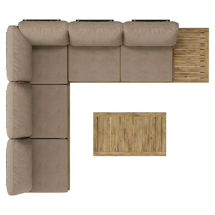 Sunfun Zoe Loungemöbel-Set - 3 -tlg., Teak/Stahl, Braun - Ansicht von oben auf ein braunes Ecksofa mit einem Holztisch, ideal für gemütliche Stunden im Freien. Das Set bietet viel Platz und Komfort.