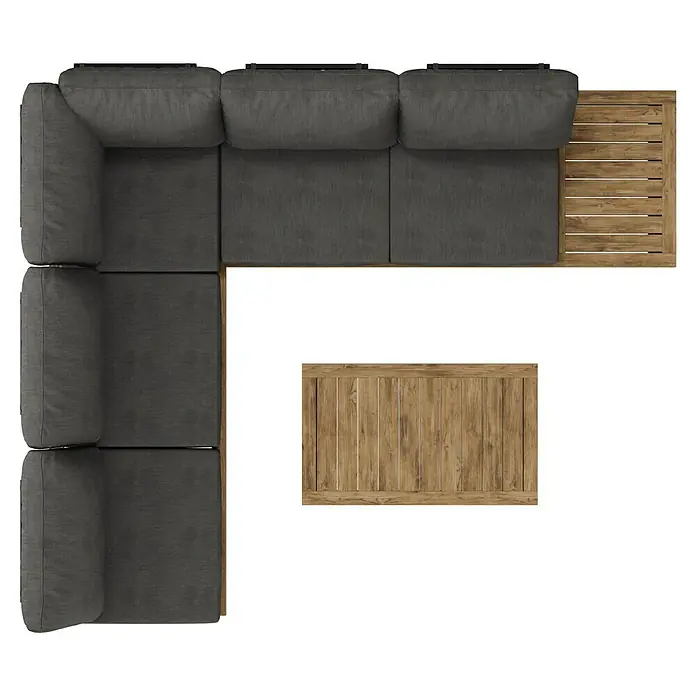 Sunfun Zoe Loungemöbel-Set - 3 -tlg., Teak/Stahl, Dunkelgrau - Draufsicht einer grauen Lounge-Eckgarnitur mit Holztisch auf schwarzem Hintergrund.