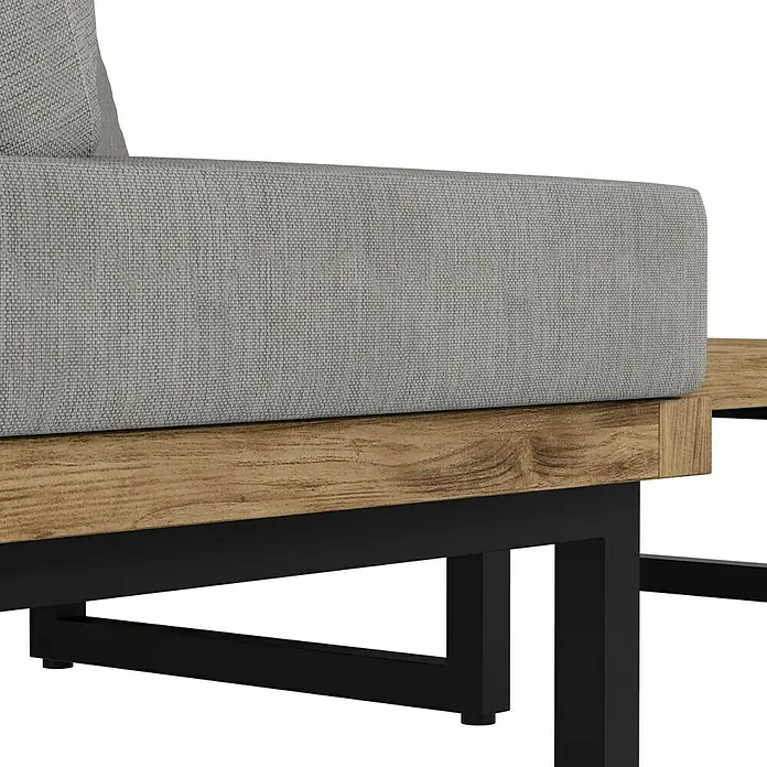 Sunfun Zoe Loungemöbel-Set - 3 -tlg., Teak/Stahl, Hellgrau - Detailansicht eines grauen Sofas mit Holzrahmen und schwarzem Metallfuß, das modernes Design und Komfort vereint.