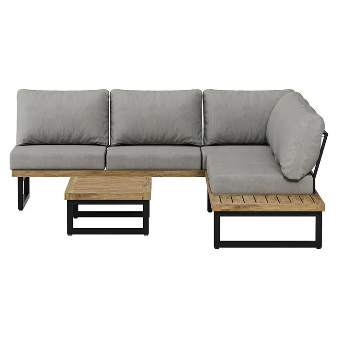 Sunfun Zoe Loungemöbel-Set - 3 -tlg., Teak/Stahl, Hellgrau - Bild eines modularen Outdoor-Sofas mit Holztisch. Die grauen Polster und das Holzdesign verleihen einen modernen Touch.