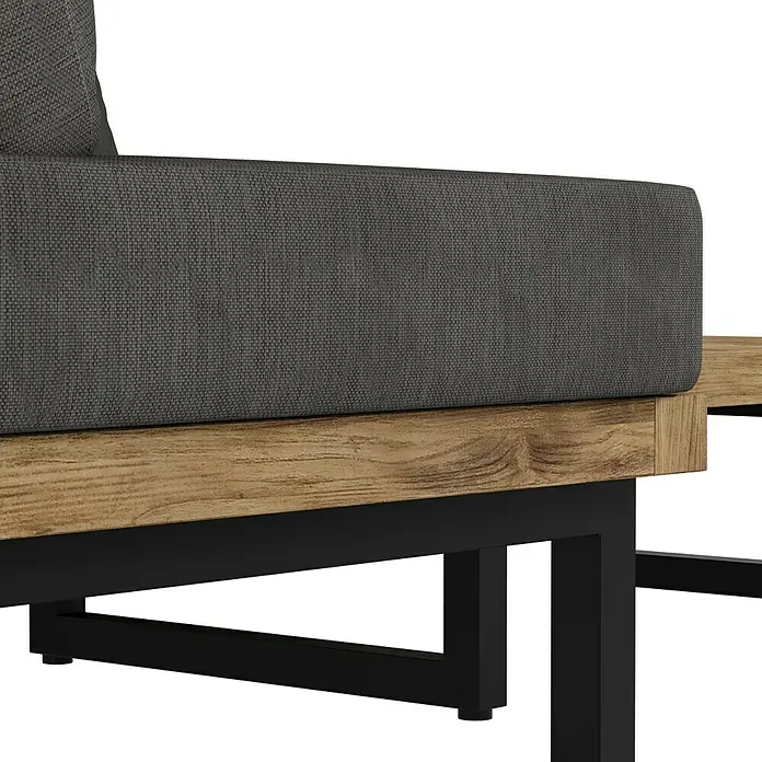 Sunfun Zoe Loungemöbel-Set - 3 -tlg., Teak/Stahl, Dunkelgrau - Nahaufnahme eines modernen Outdoor-Sofas mit grauem Polster und Holzrahmen auf schwarzem Metallgestell.