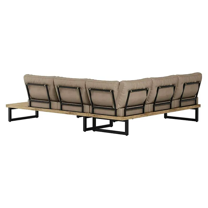 Sunfun Zoe Loungemöbel-Set - 3 -tlg., Teak/Stahl, Braun - Nahaufnahme eines modularen Ecksofas mit Holzrahmen und beigen Kissen, das ein modernes Design und Komfort für den Außenbereich bietet.