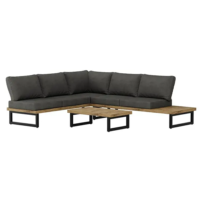 Sunfun Zoe Loungemöbel-Set - 3 -tlg., Teak/Stahl, Dunkelgrau - Elegantes graues Ecksofa mit einem passenden Couchtisch, ideal für den Außenbereich und zum Entspannen im Garten.